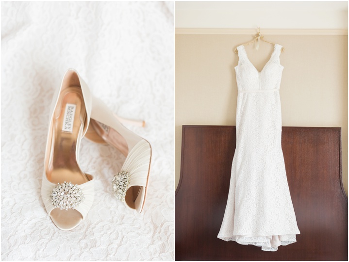 wedding shoes and hanging wedding gown
