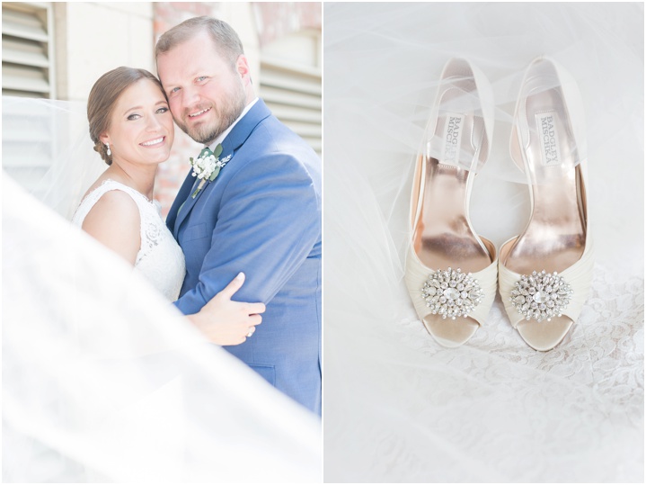 bride and groom smiling with wedding shoes