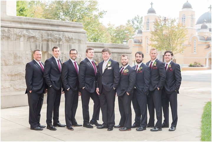 groom and groomsmen at Dilworth United Methodist Church in Charlotte NC on wedding day