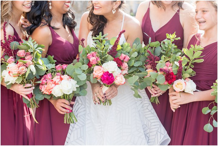 bride and bridesmaids with bridal bouquet for Charlotte NC wedding day at Carmel Country Club