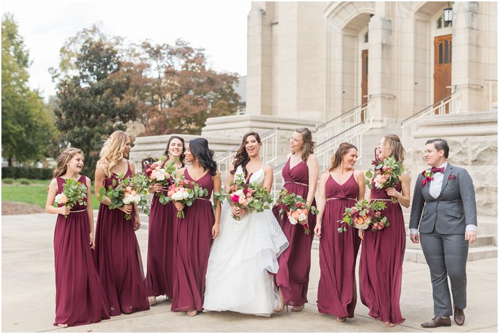 bride and bridesmaids walking on wedding day at Dilworth United Methodist Church in Charlotte NC