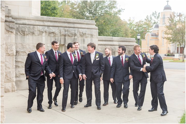 groom and groomsmen on wedding day in Charlotte NC at Dilworth United Methodist Church