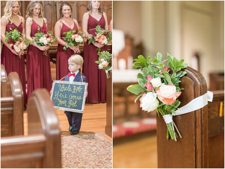ring bearer walking down the aisle at Dilworth United Methodist Church in Charlotte NC