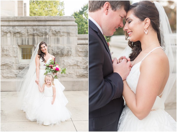 bride with flower girl on wedding day; bride and groom on wedding day in Charlotte NC at Carmel Country Club