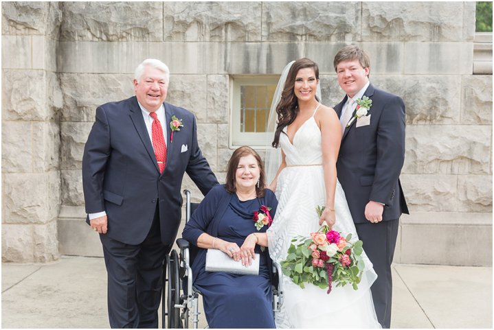 bride and groom with family Charlotte NC wedding day at Carmel Country Club