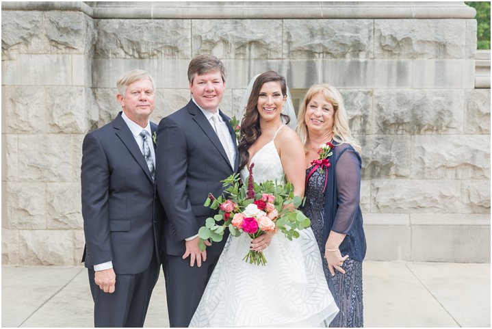 bride and groom with family Charlotte NC wedding day at Carmel Country Club