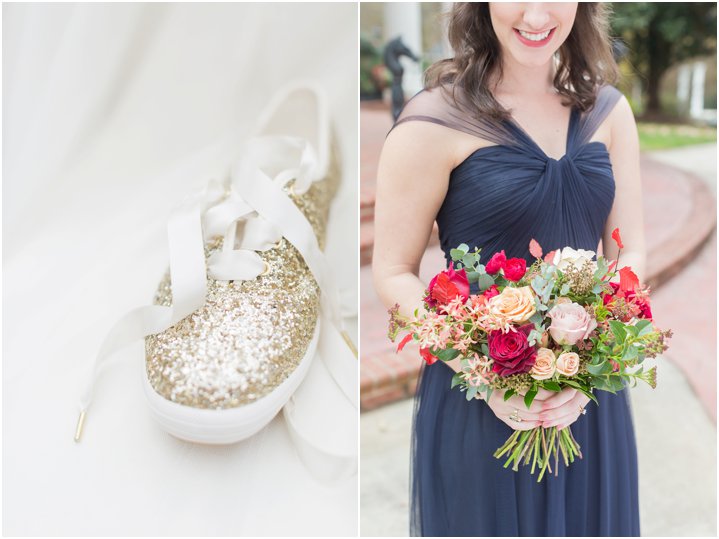 Kate Spade shoes; bridesmaid with floral bouquet on wedding day in Greenville SC