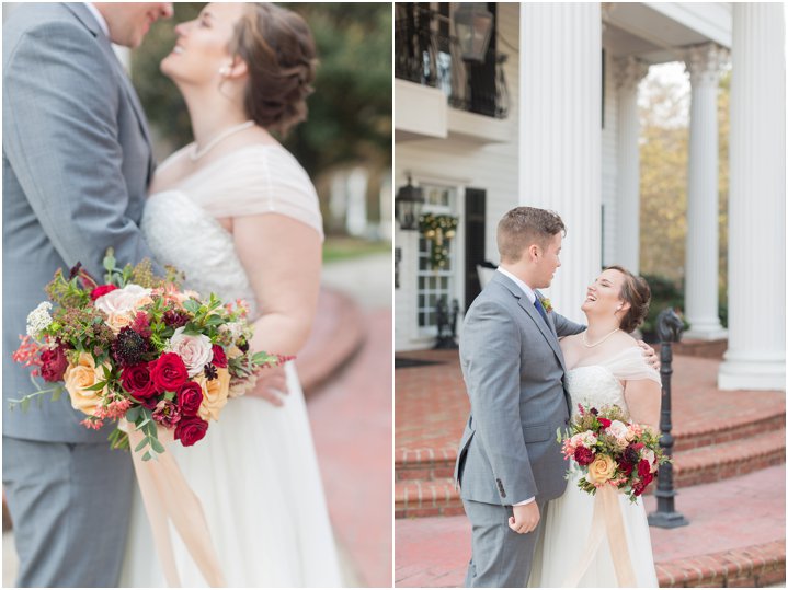 bride and groom first look on wedding day at Ryan Nicholas Inn in Greenville SC; bridal bouquet