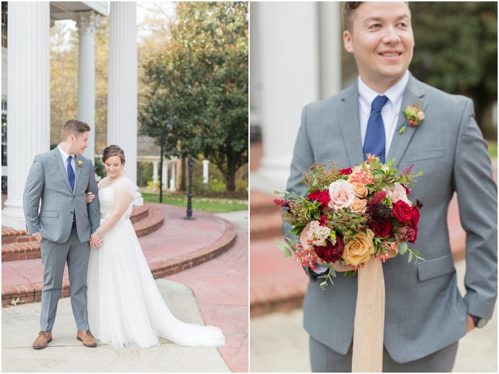 bride and groom on wedding day at Ryan Nicholas Inn Greenville SC; groom with bridal bouquet