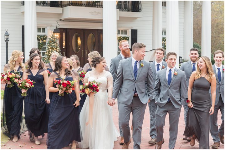 bride and groom with wedding party at Ryan Nicholas Inn in Greenville SC