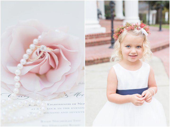 flower girl with flower crown on wedding day in Greenville SC; bridal details