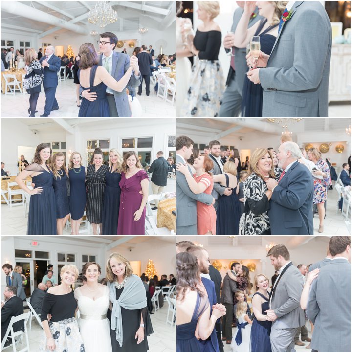 guests dancing at gold and navy wedding reception at Ryan Nicholas Inn in Greenville SC