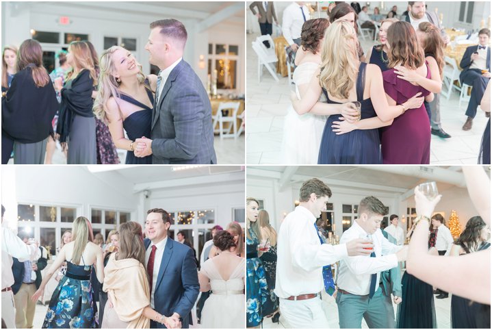 guests dancing at gold and navy wedding reception at Ryan Nicholas Inn in Greenville SC