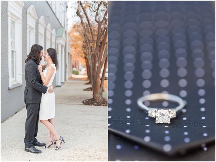couple and ring during Downtown Greenville engagement session