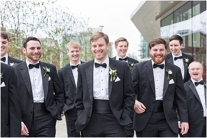 groom and groomsmen downtown Greenville SC black tie wedding
