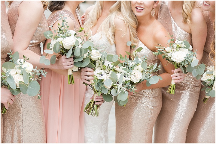 blush and gold bridesmaid dresses with bride downtown Greenville wedding
