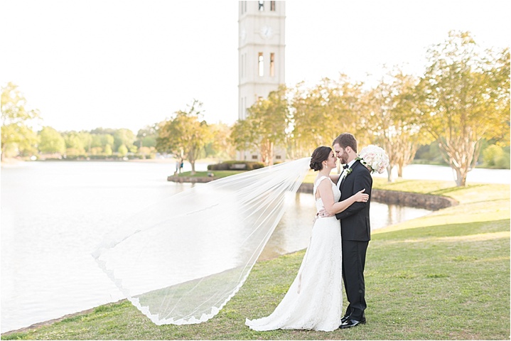 bride and groom portraits Furman Chapel bell tower Greenville