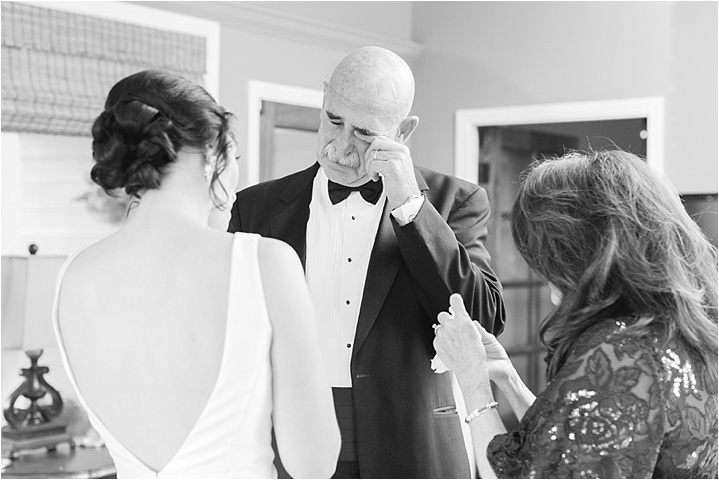 bride's emotional first look with dad Greenville SC black tie wedding