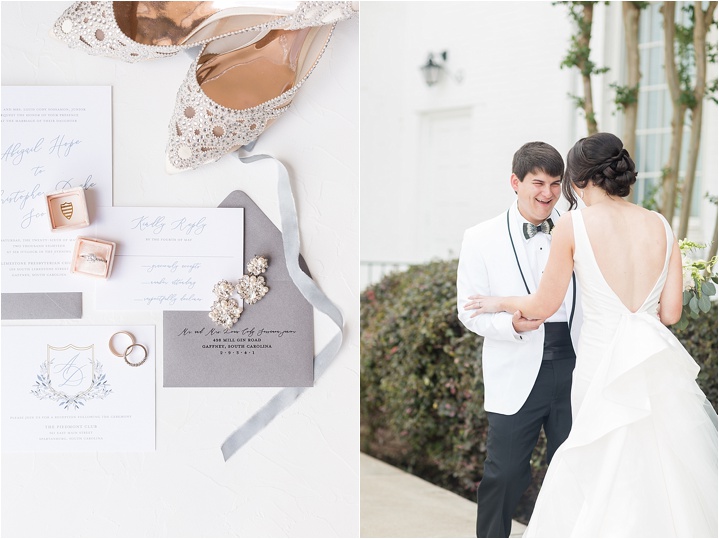 bride and groom first look bridal details Greenville SC wedding day