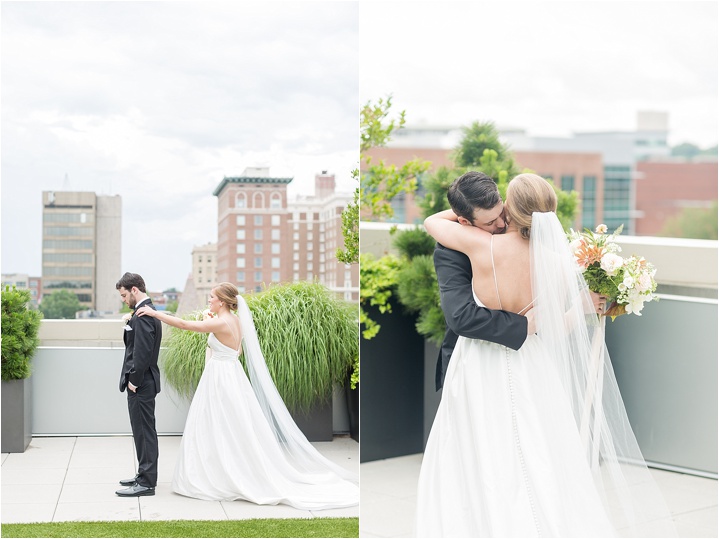 bride and groom first look rooftop Avenue Greenville SC