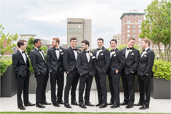black tie wedding rooftop Avenue downtown Greenville groomsmen
