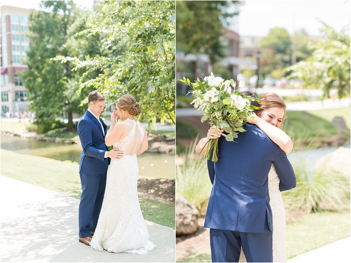 emotional first look downtown Greenville SC bride and groom
