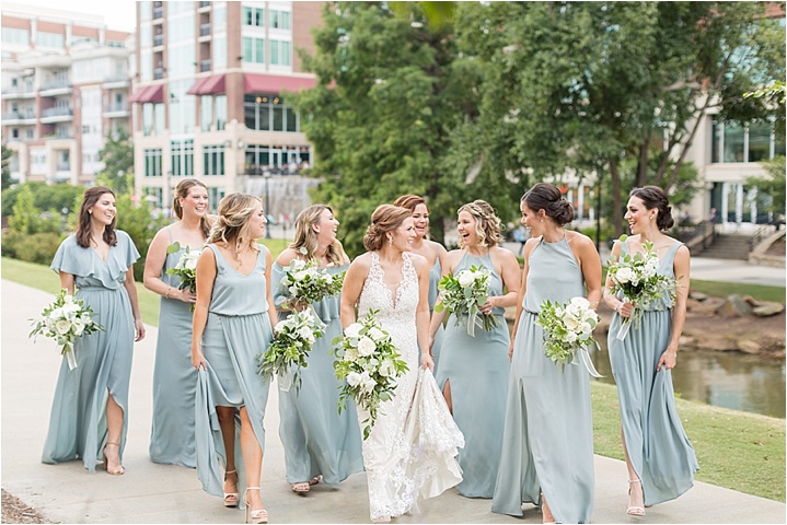 sage bridesmaid dresses with bride downtown Greenville wedding