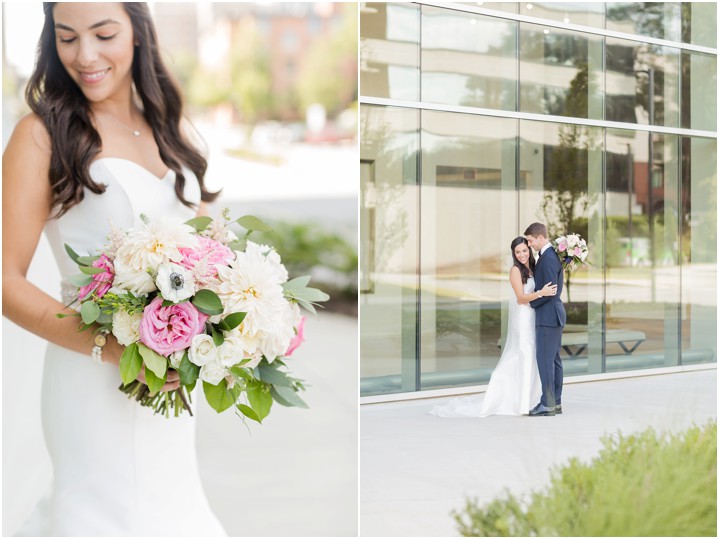 pink greenery bouquet bride and groom