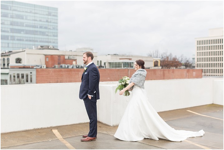 rooftop first look downtown Greenville wedding