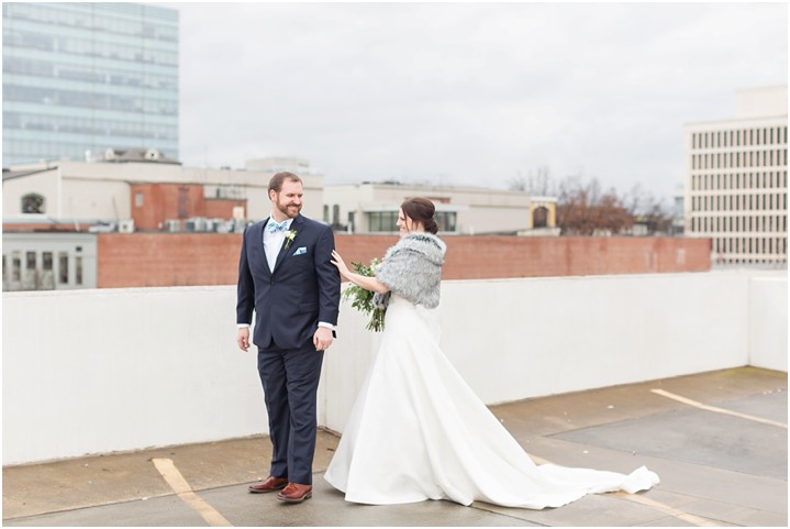 rooftop first look downtown Greenville wedding