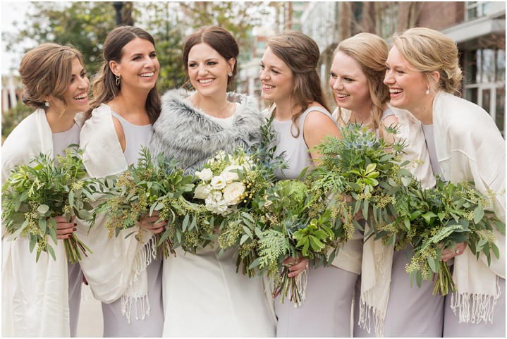 winter wedding downtown Greenville bride with bridesmaids