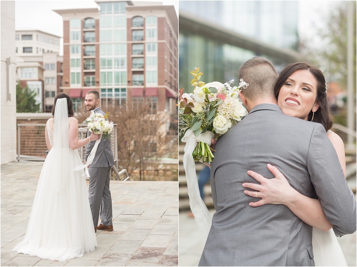 bride and groom first look downtown Greenville winter wedding