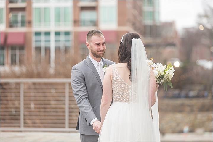 groom's emotion first look downtown Greenville