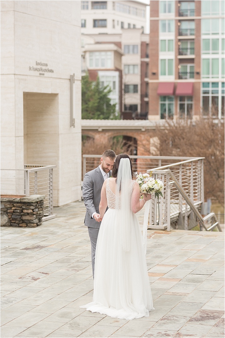 bride and groom wedding day downtown Greenville