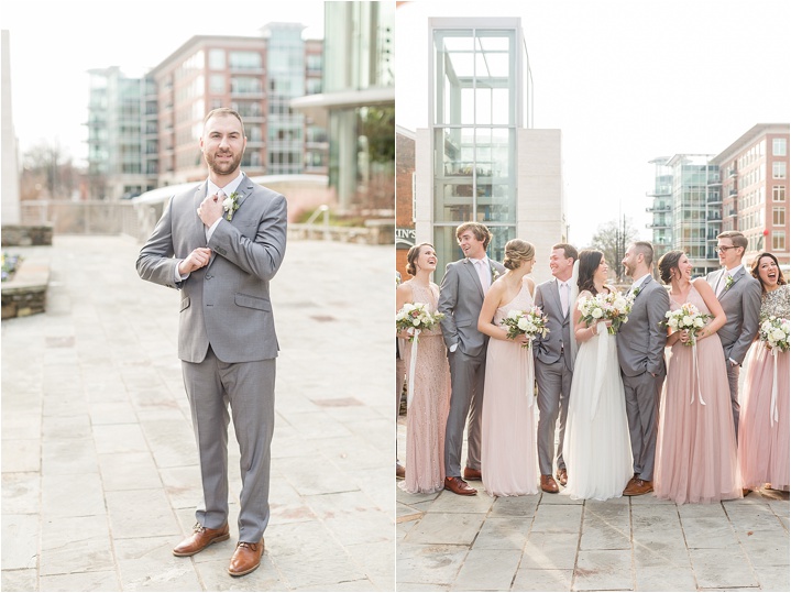 groom bride and wedding party downtown Greenville SC