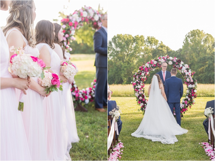 pink and white floral details at huitt farms ceremony 