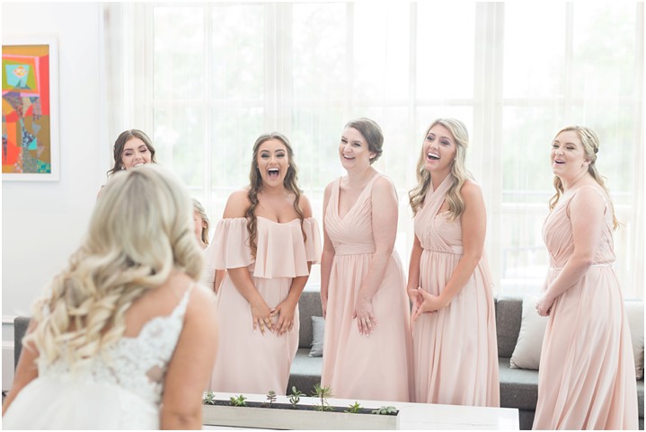 light pink bridesmaid dresses bride reveal