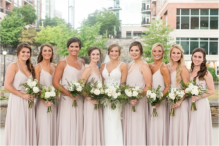 neutral bridesmaids with white detail