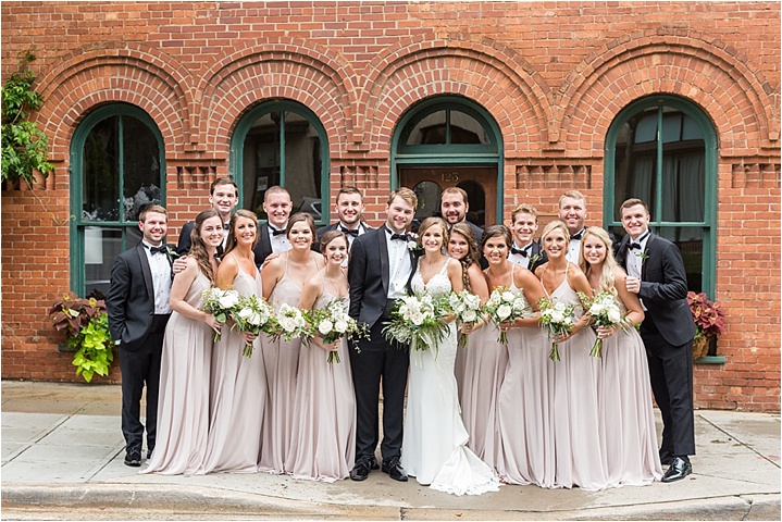 downtown bright bridal party in neutrals