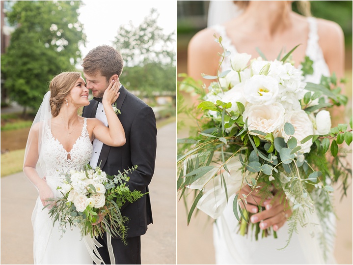 white and greenery florals at hugenot loft wedding