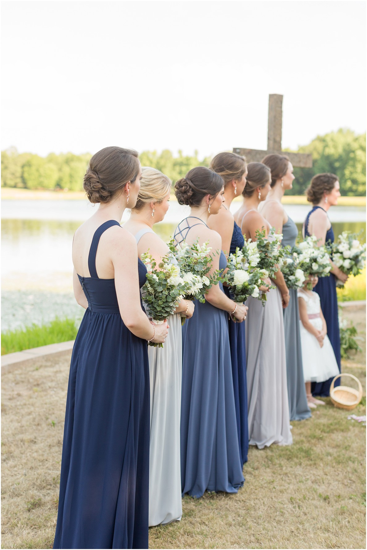 Blue and Grey bridesmaids dresses mixed palette