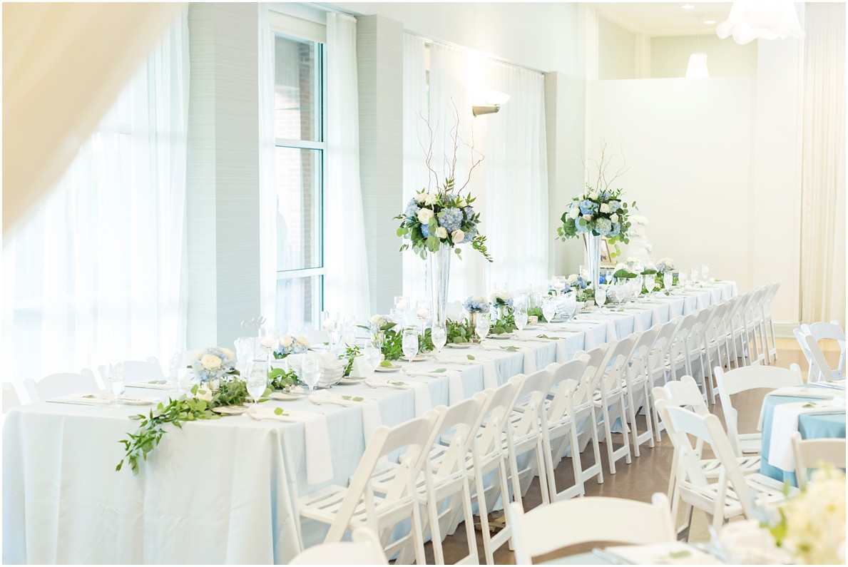 draping blue greenery reception details