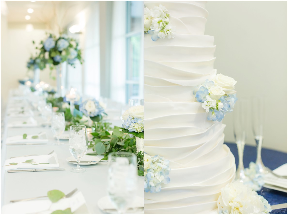 blue white floral centerpieces cake