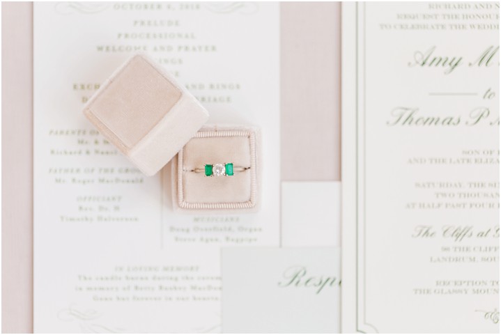 blush invitation suite emerald ring details